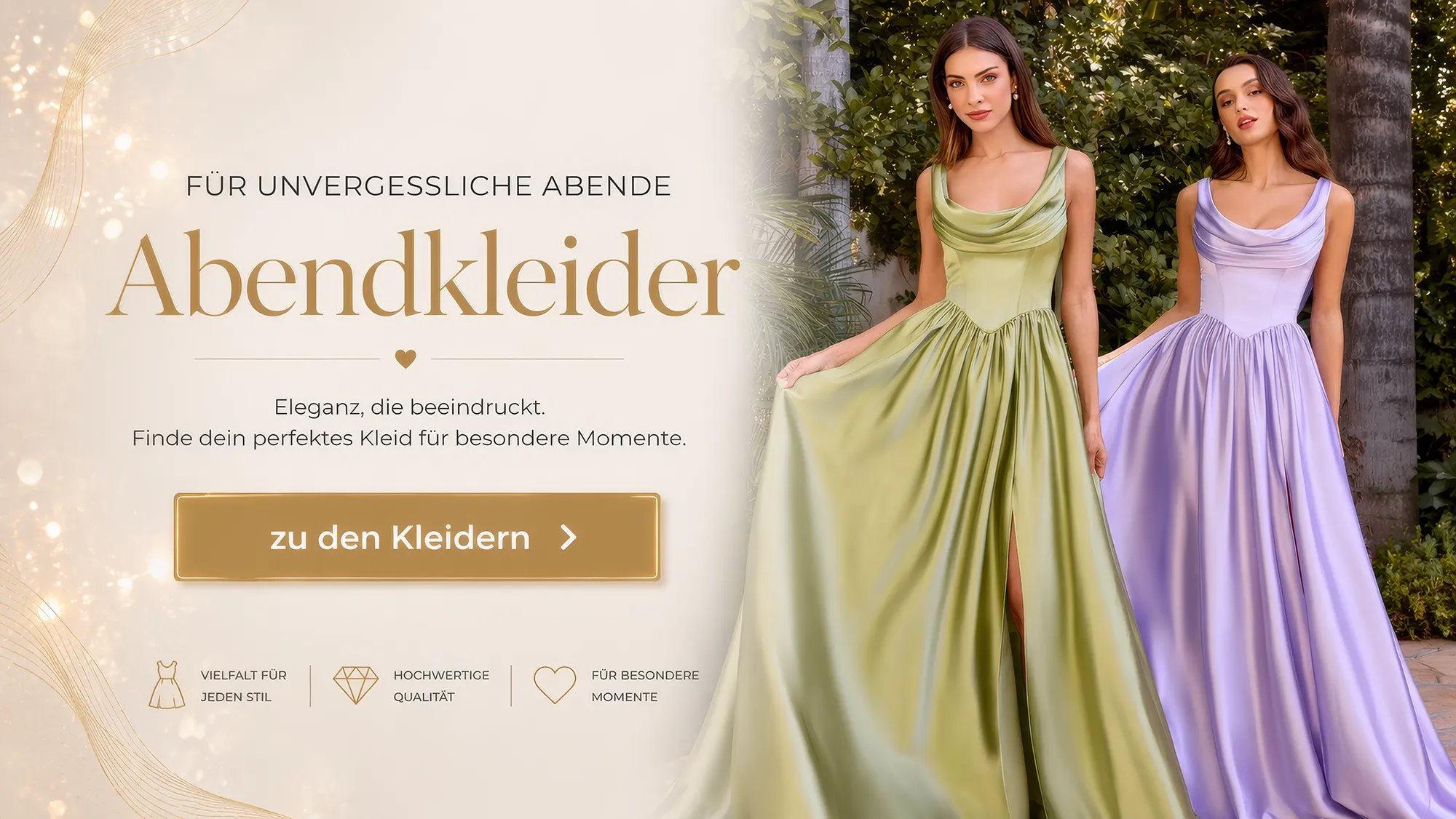 Zwei elegante Abendkleider in Grün und Lila mit fliessendem Stoff – Abendkleider für besondere Anlässe in Zürich