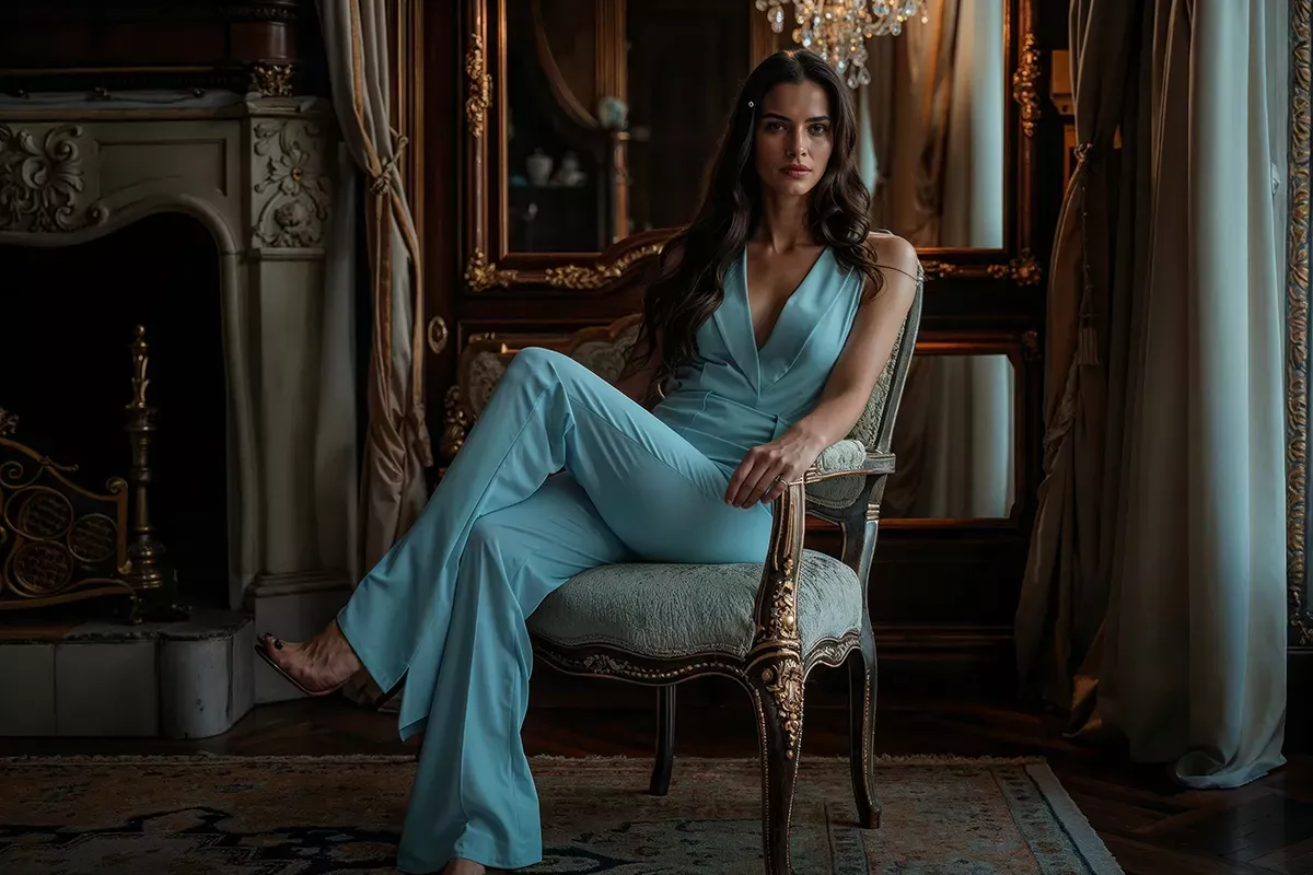 Frau in türkisfarbenem eleganten Jumpsuit mit weitem Bein in festlichem Ambiente – moderne Outfit-Alternative zur Hochzeit