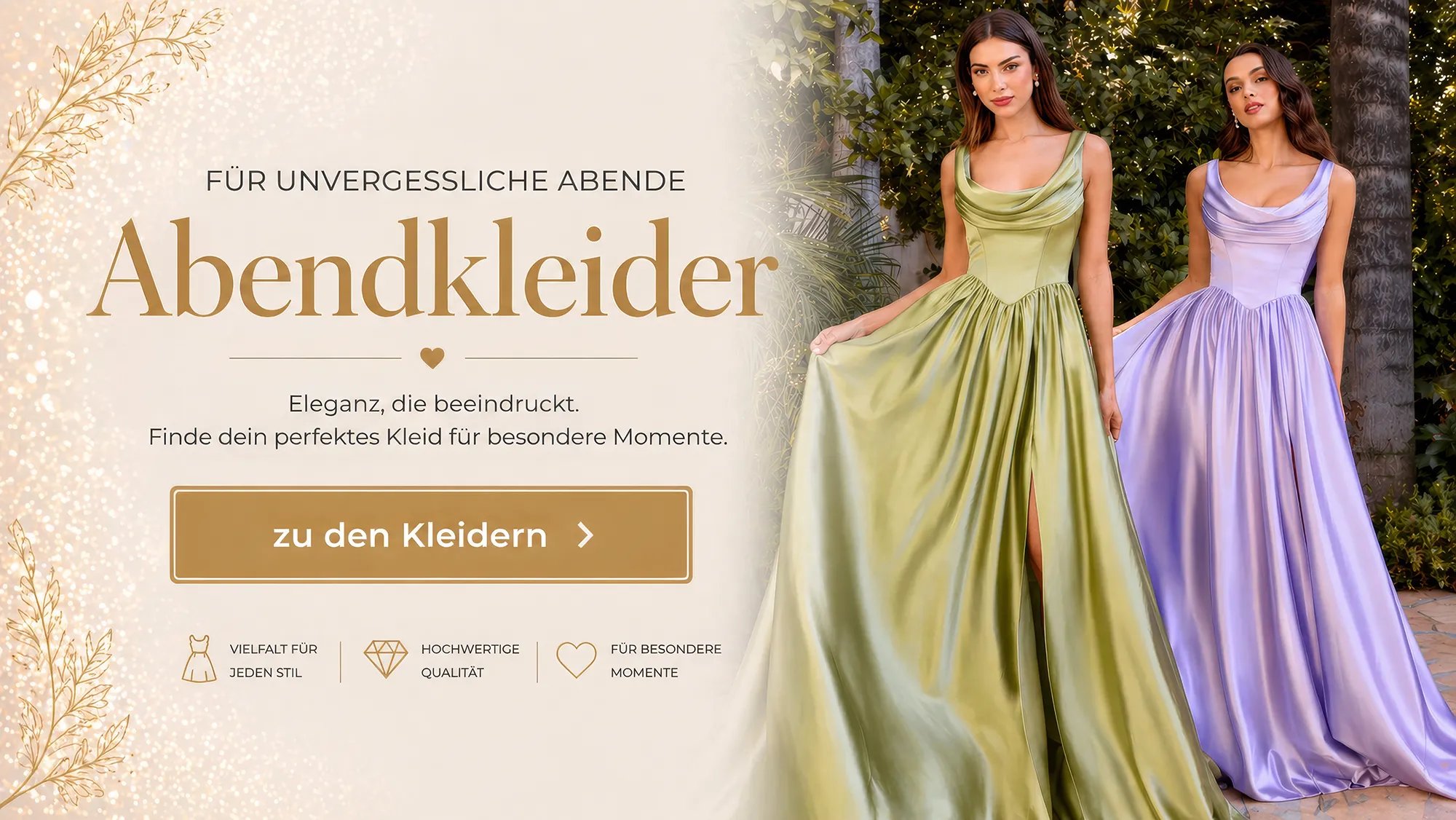 Zwei elegante Abendkleider in Grün und Lila mit fliessendem Stoff – Abendkleider für besondere Anlässe in Zürich