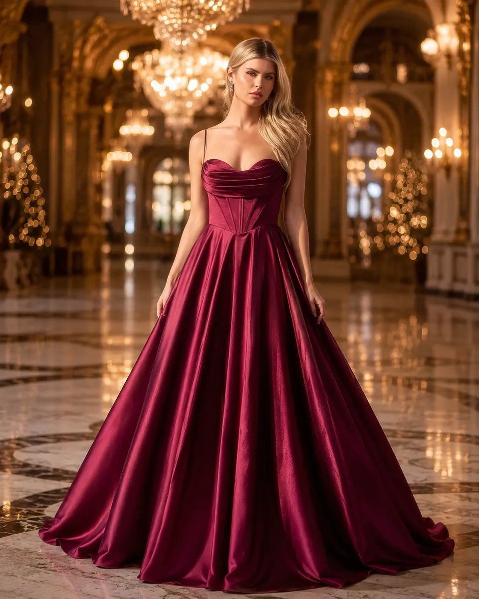 Junge Frau in einem glamourösen bordeauxfarbenen Ballkleid mit weitem Satin Rock in einem eleganten Ballsaal mit warmem goldenem Licht