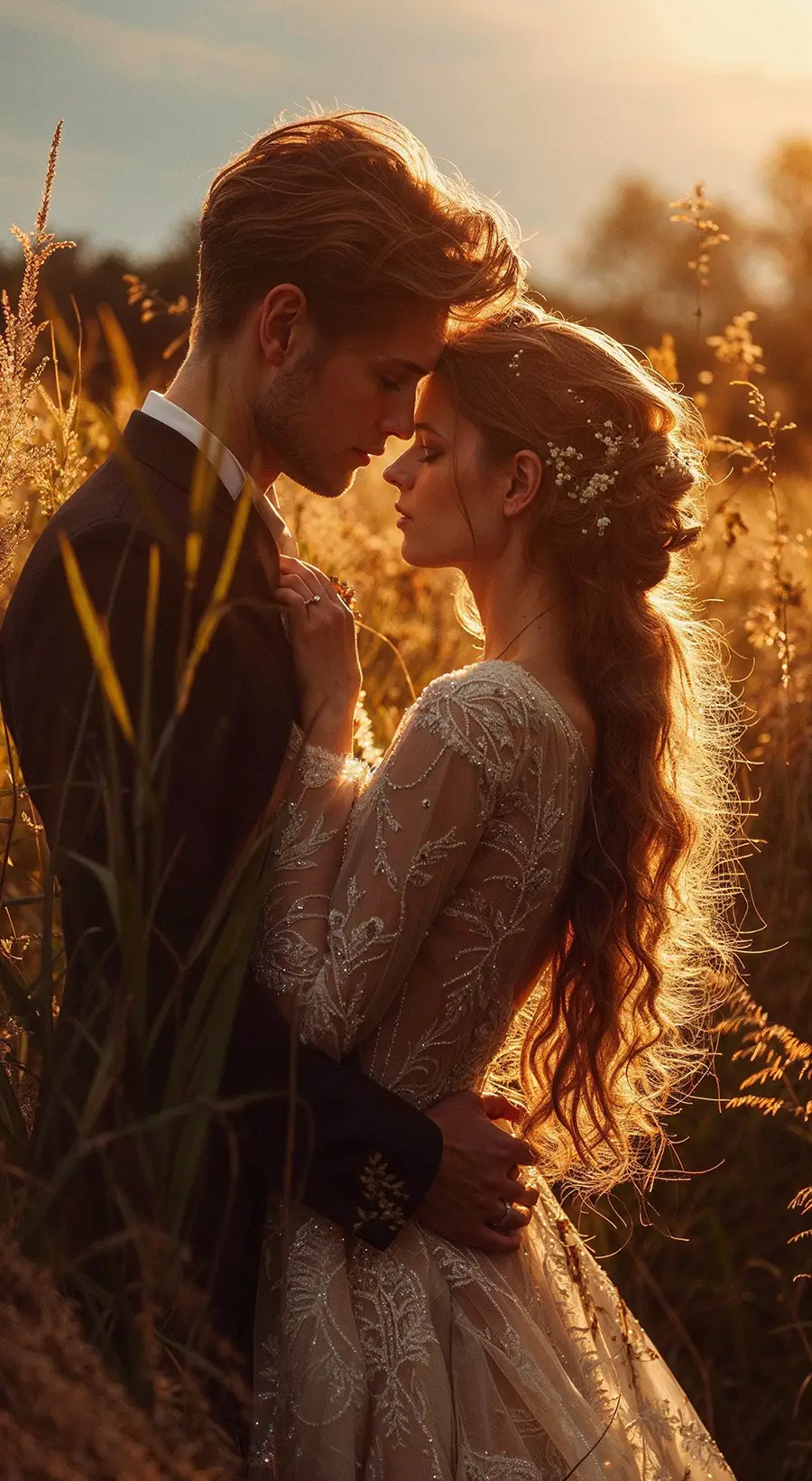 Brautpaar steht dicht beieinander in Wildblumenwiese bei Sonnenuntergang
