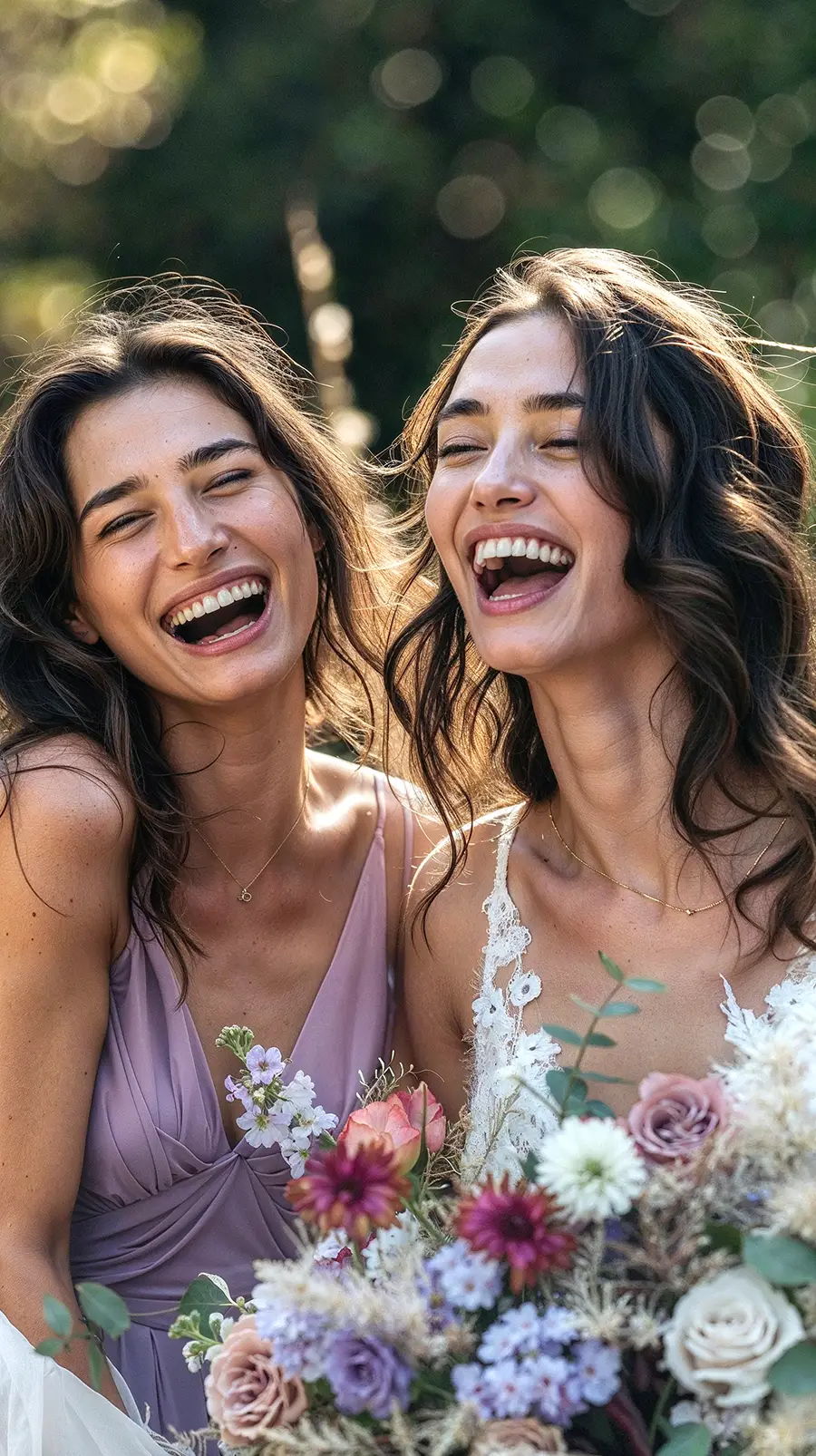 Braut lacht zusammen mit Brautjungfer Braut lacht zusammen mit Brautjungfer