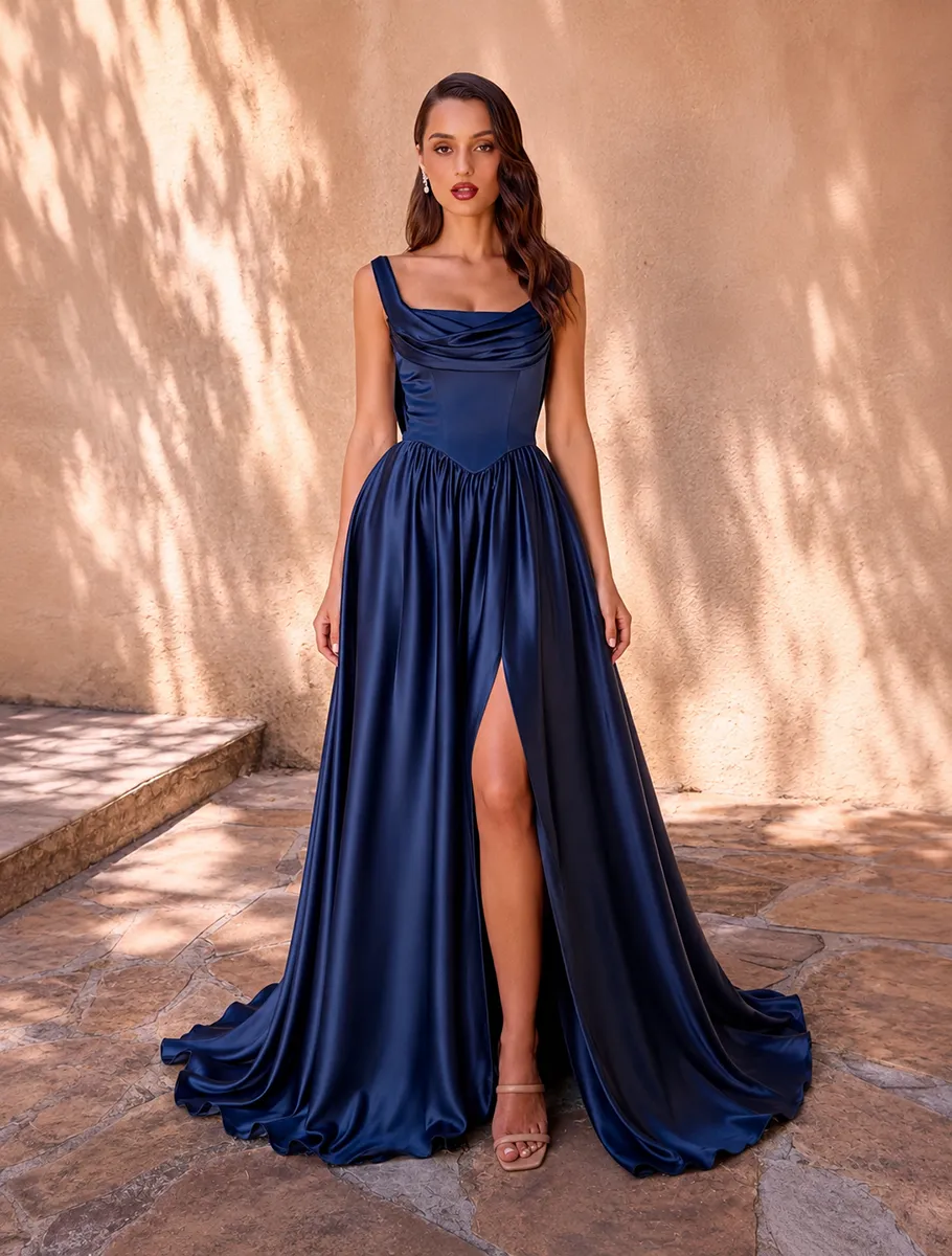 Elegante Frau in einem dunkelblauen bodenlangen Satin Abendkleid mit Beinschlitz vor warmem beigem Hintergrund im Editorial Fashion Stil