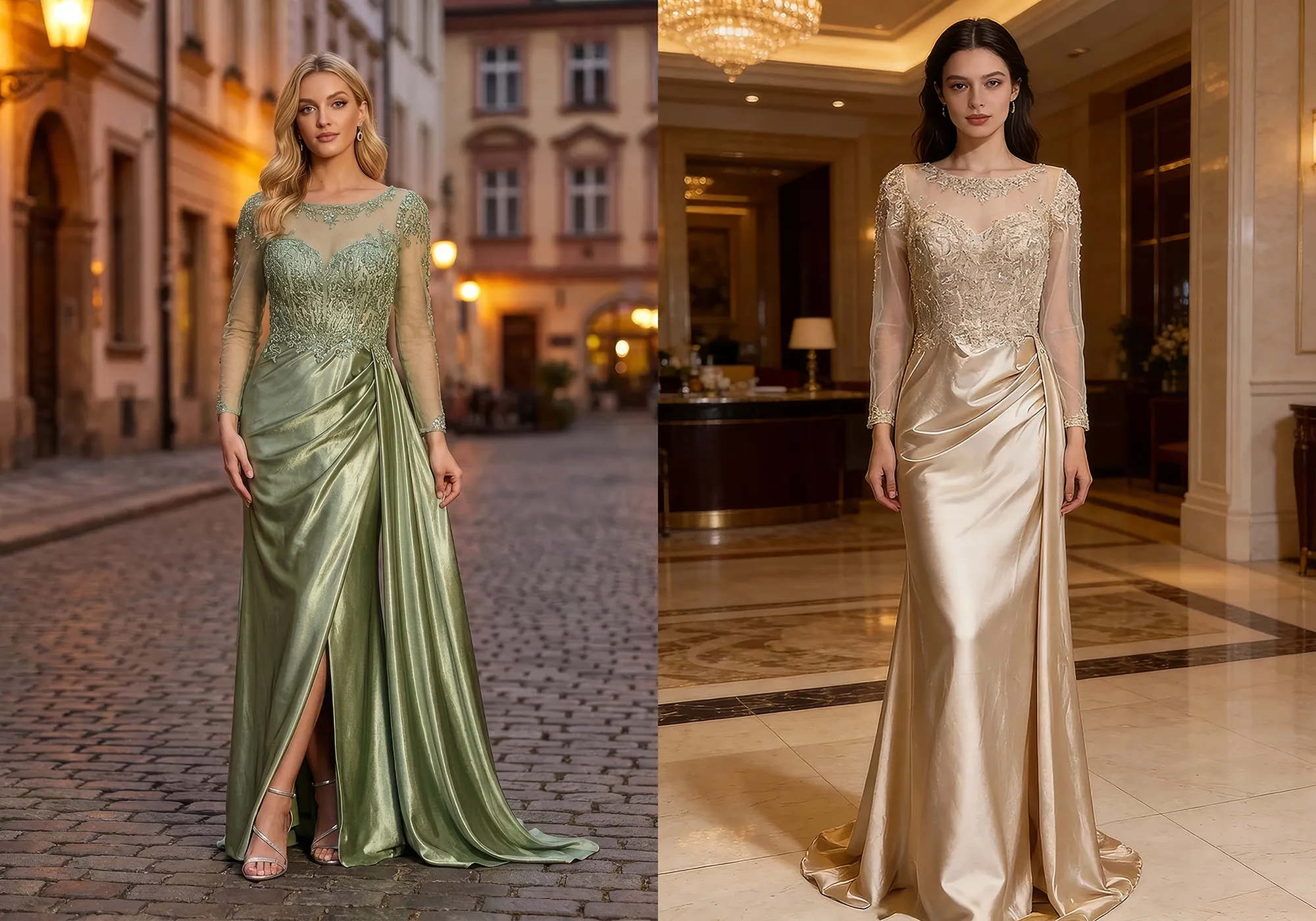 Frauen in Abendkleidern mit Ärmeln in unterschiedlichen Formen und Farben bei Samyra Fashion Zürich