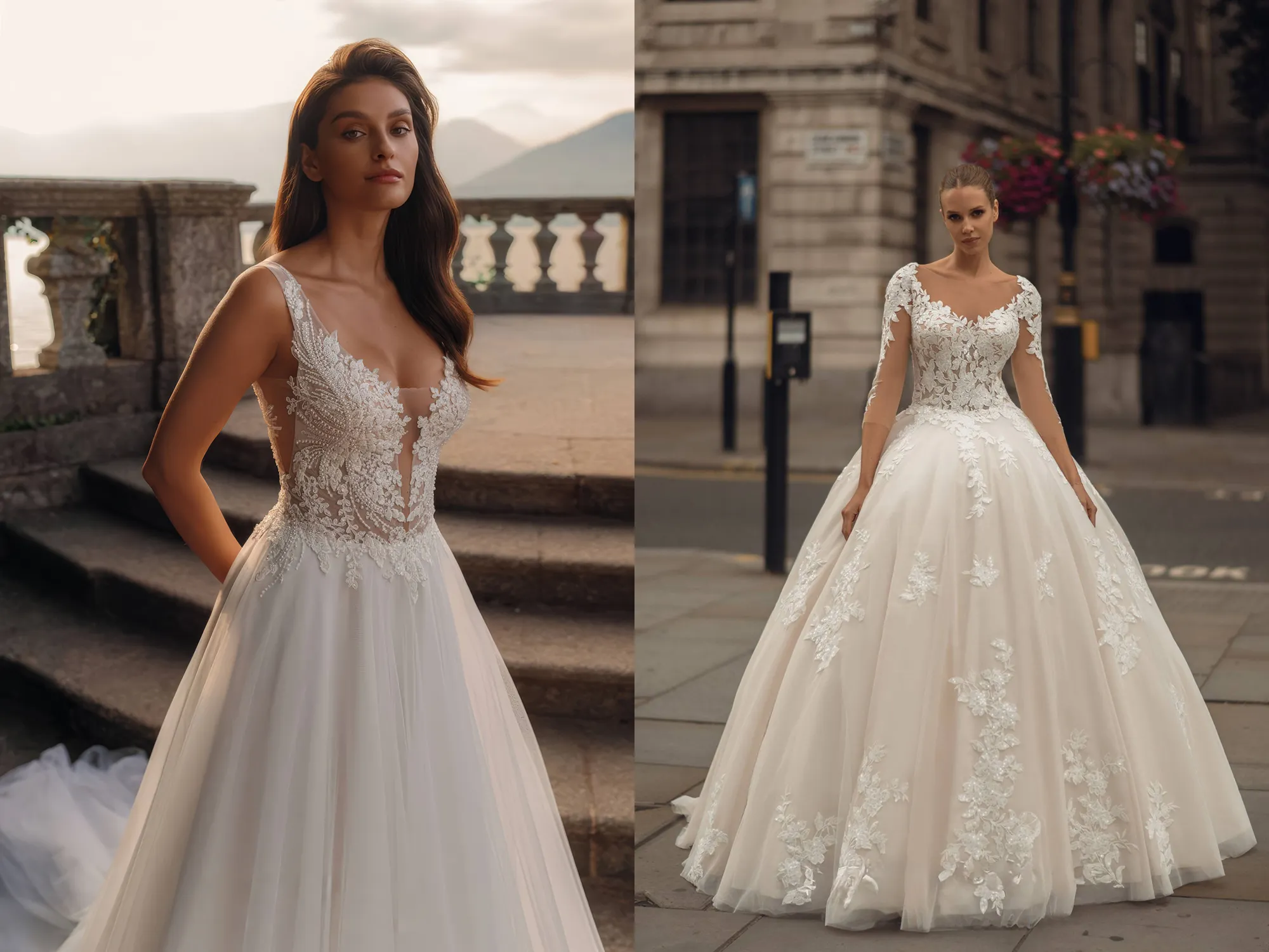 Günstige Hochzeitskleider bei Samyra Fashion Zürich – links elegantes A-Linien-Brautkleid mit tiefem V-Ausschnitt und Spitzenoberteil, rechts romantisches Prinzessinnen-Tüllkleid mit langen Spitzenärmeln und Blütenapplikationen