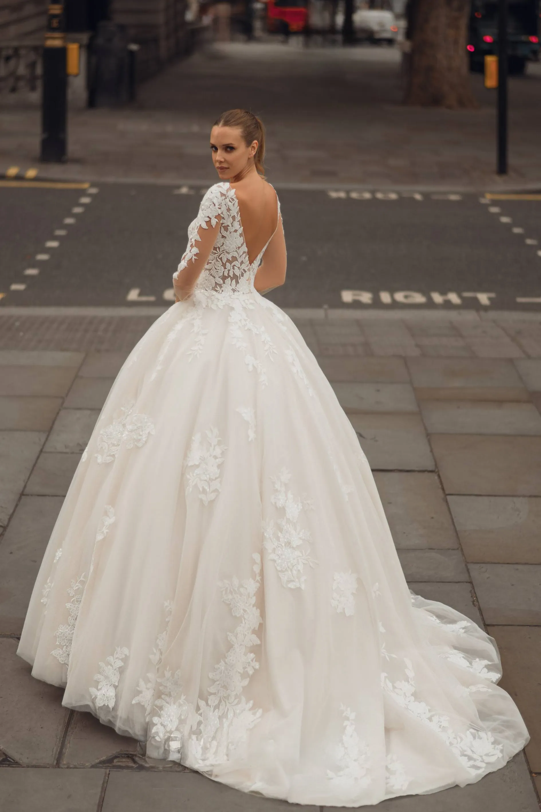 Braut in einem Prinzessinnen-Brautkleid mit langen Ärmeln und verzierter Spitze, Rückenansicht