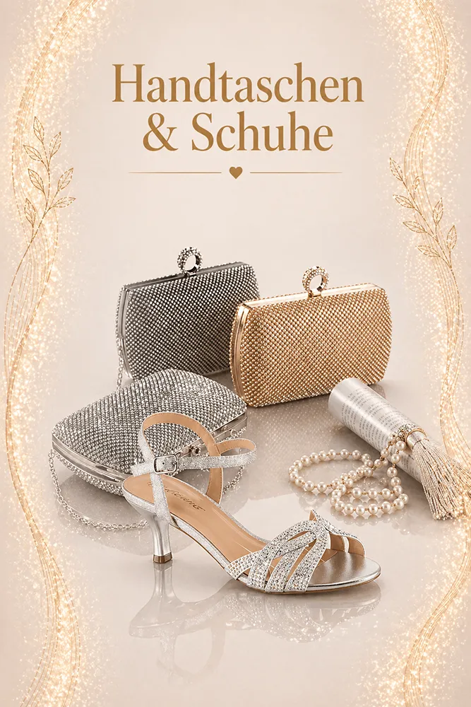 Elegante Abendtaschen und silberne Absatzsandale mit Strass – passende Handtaschen und Schuhe zur Festmode in Zürich