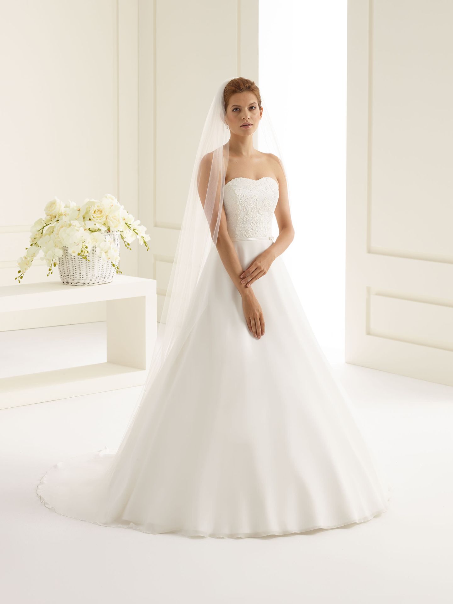 Klassisches Prinzessinnen-Brautkleid aus Tüll und Spitze mit langem elfenbeinfarbenem Schleier von Bianco Evento