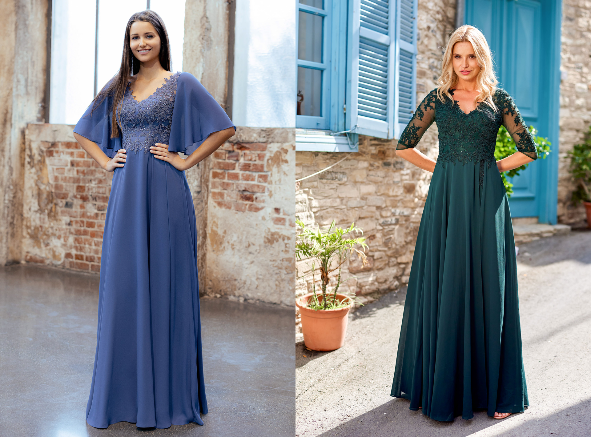 Zwei Frauen in einem blauen und dunkelgrünen Festkleid erhältlich in grossen Grössen