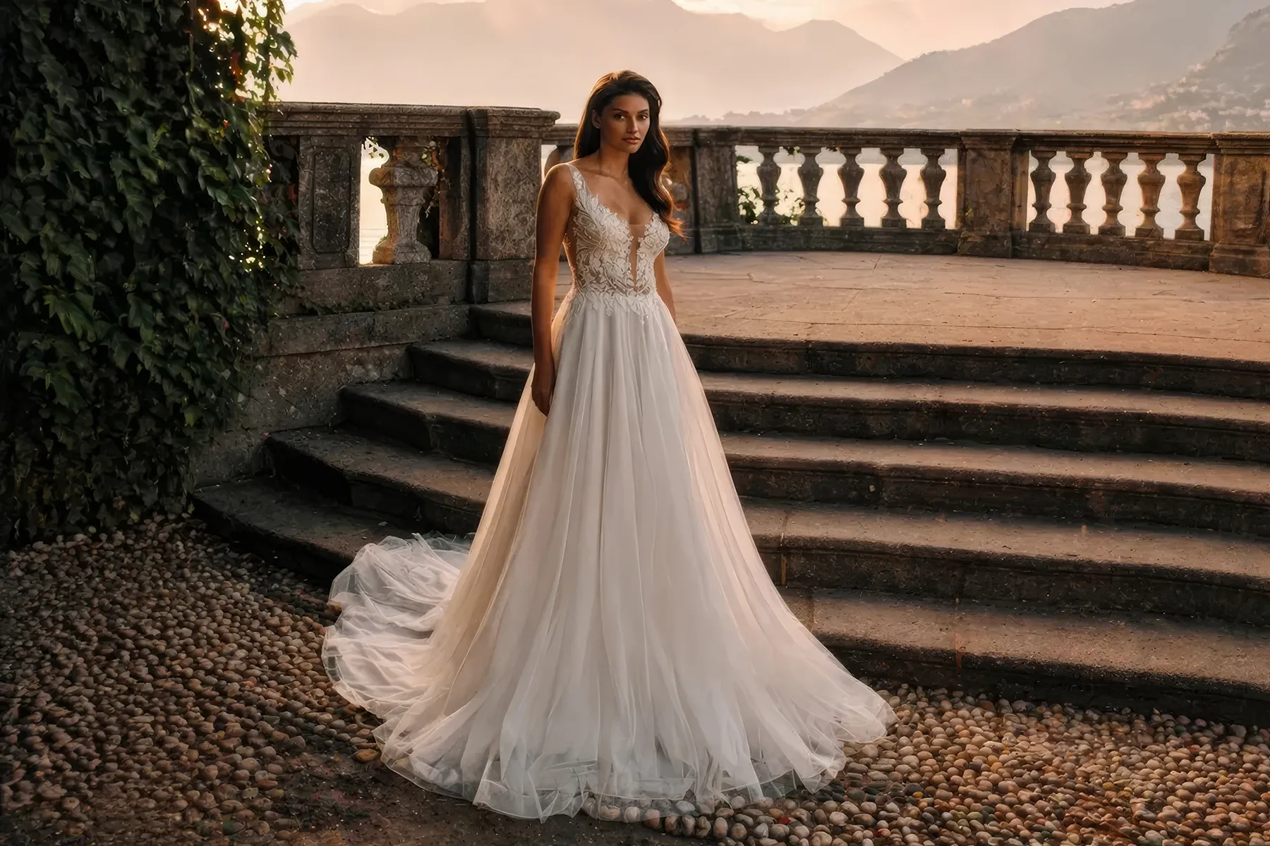 Braut im A-Linien-Brautkleid mit Spitzen-Mieder und Tüllrock am See bei Sonnenuntergang