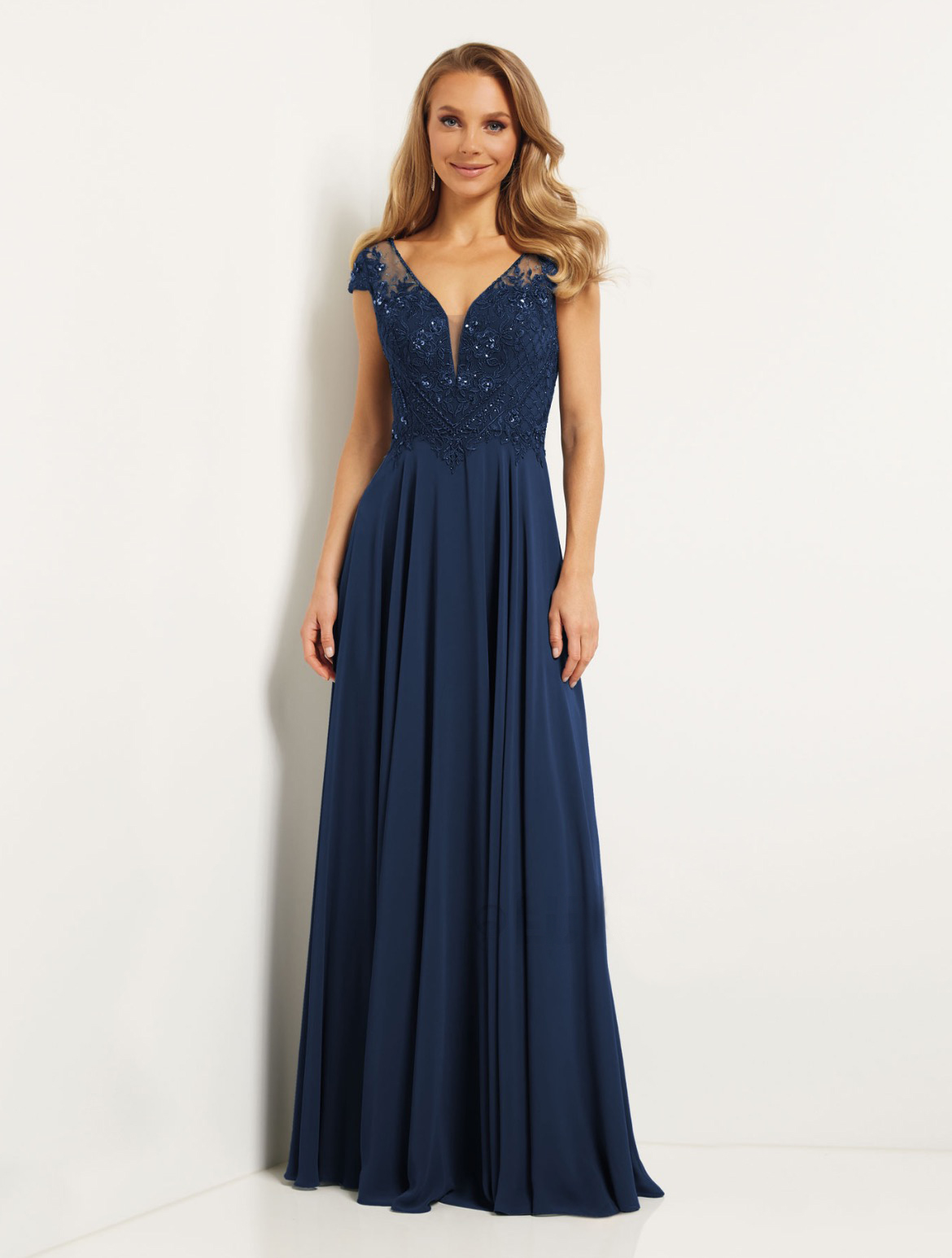Abendkleid-Lamina-dunkelblau-mit-Schulter-rmeln-und-V-Ausschnitt Abendkleid Lamina (dunkelblau)