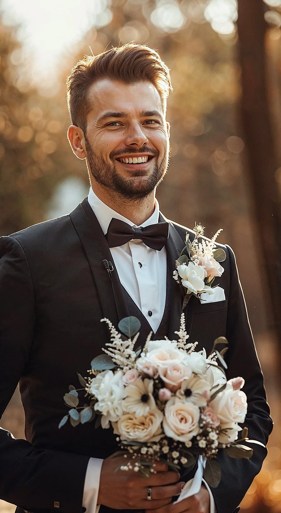 Lächelnder Mann im schwarzen Smoking mit weissem Hemd, schwarzer Fliege und weisser Boutonnière mit Brautstrauss in goldenem Herbstlicht – Black Tie Herrenoutfit Hochzeit Schweiz