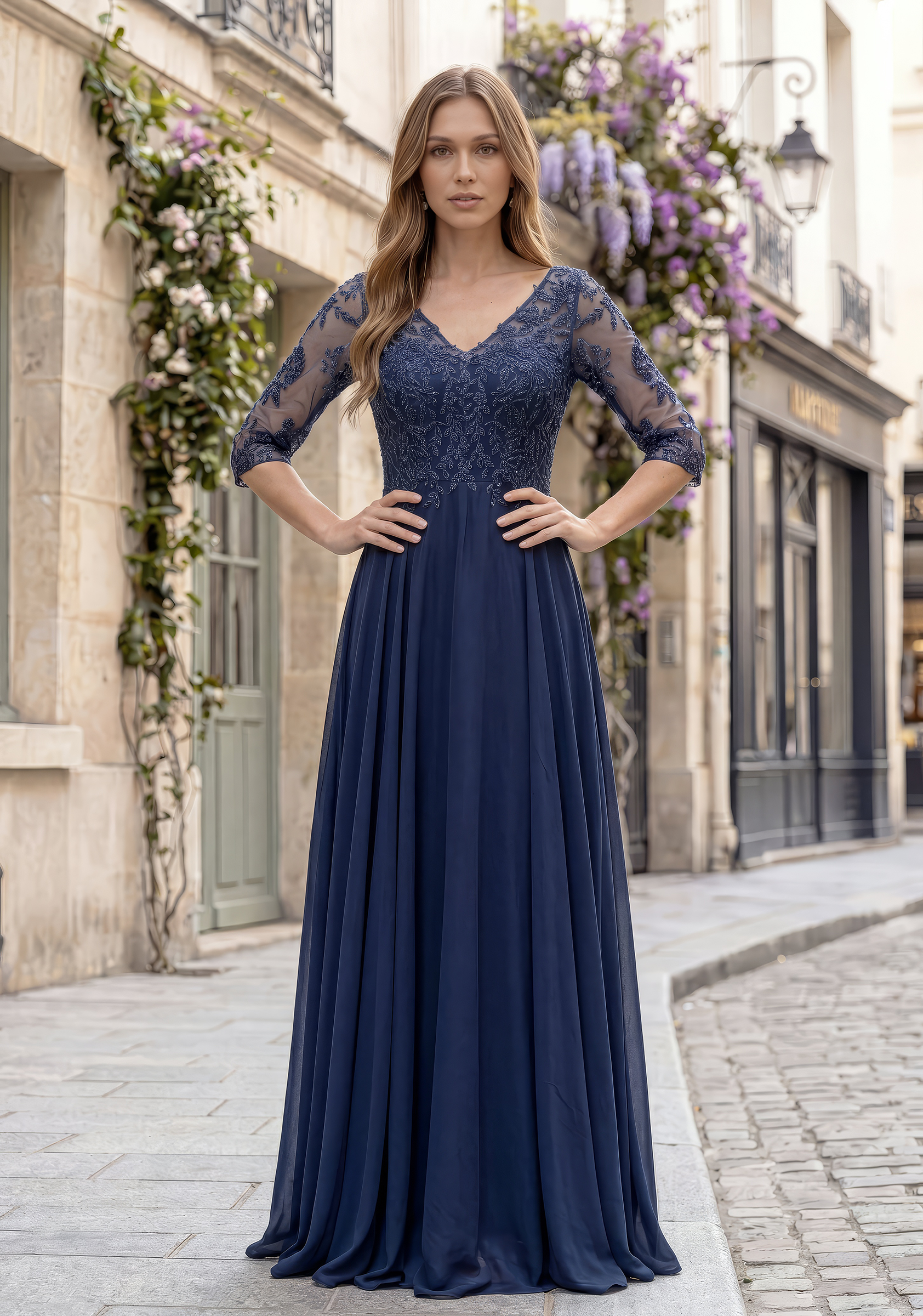 Bodenlanges Abendkleid in Nachtblau mit bestickter Spitze am Oberteil, V-Ausschnitt, 3/4-Ärmeln und fliessendem A-Linien-Rock.