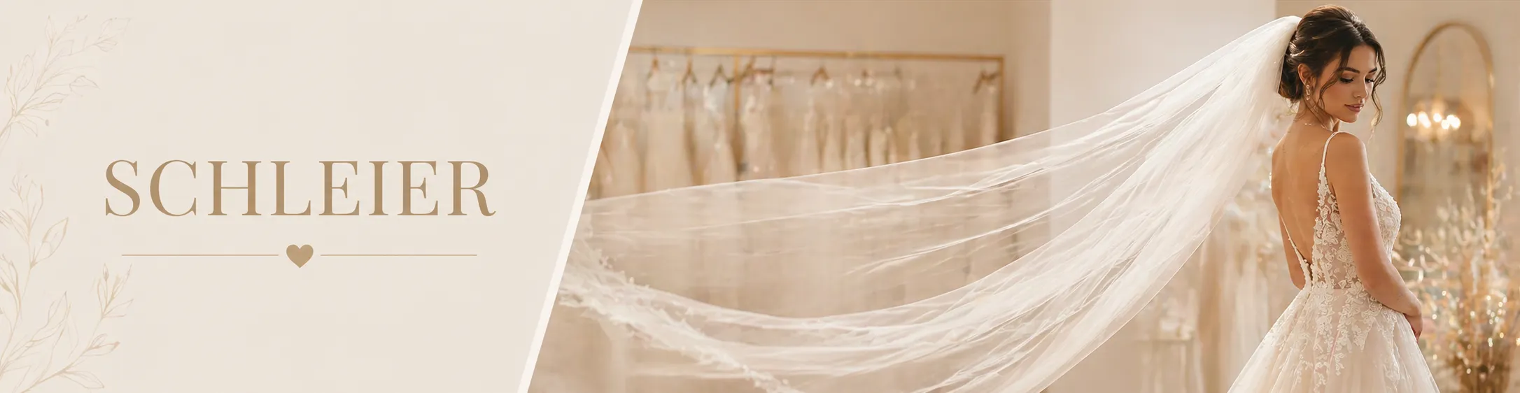 Eleganter Brautschleier im Brautmode Showroom, seitlich getragen von einer Braut im Hochzeitskleid