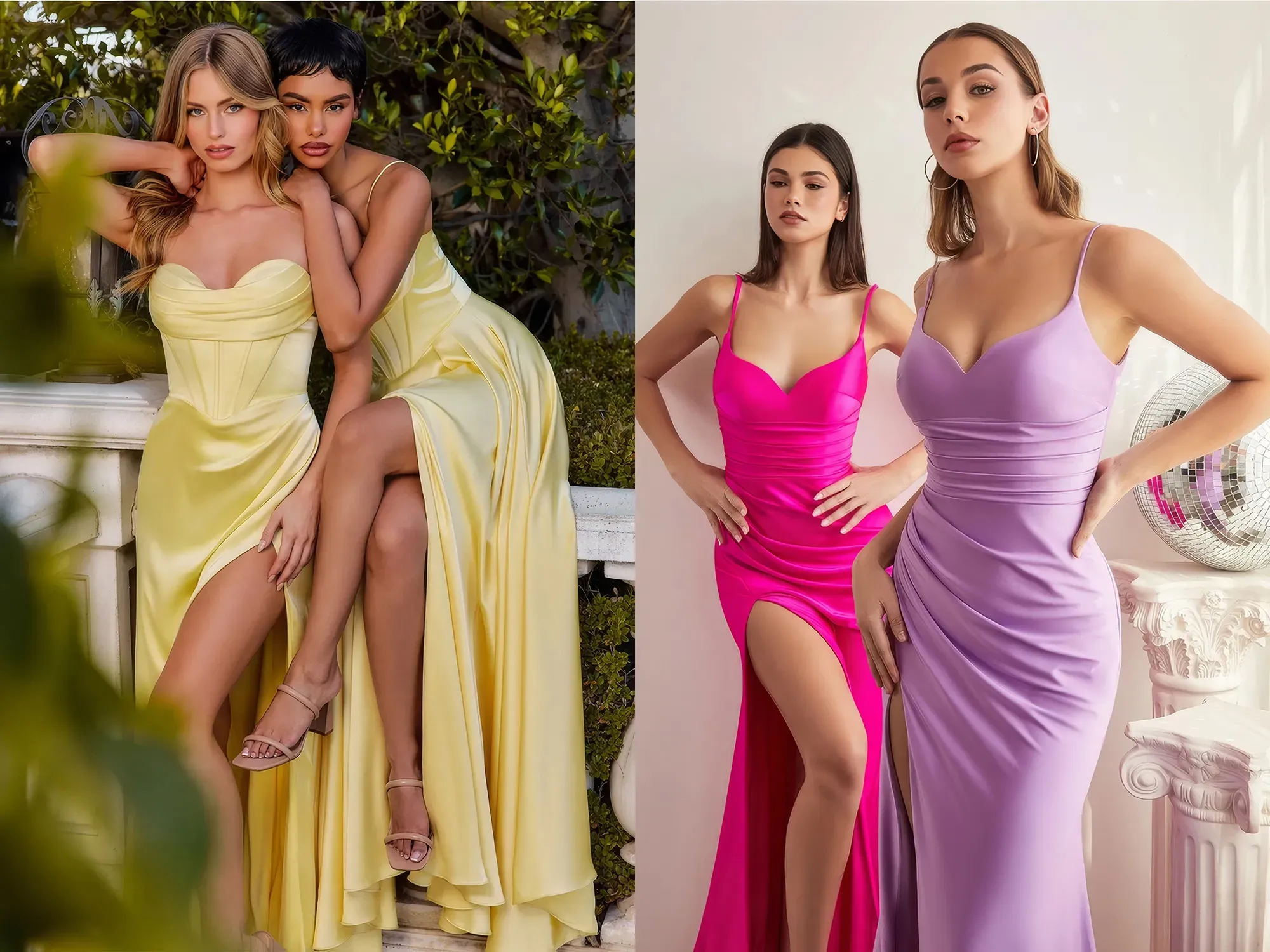 Vier Frauen in Abendkleidern unterschiedlicher Farben und Formen