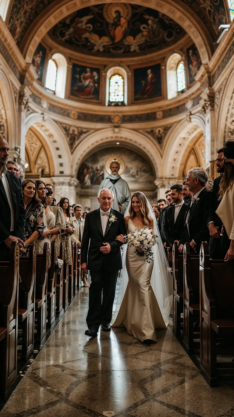 Braut wird von Brautvater in die Kirche gefuehrt Braut wird von Brautvater in die Kirche gefuehrt