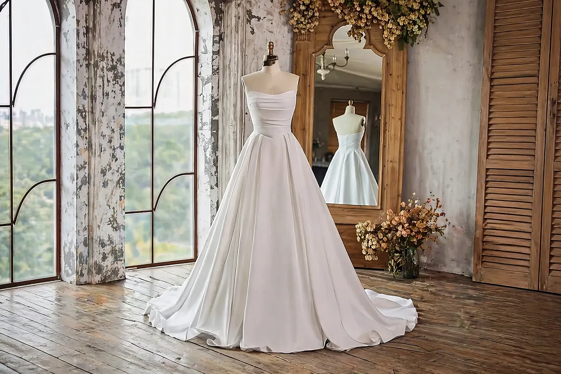 Trägerloses Satin-Brautkleid mit drapiertem Oberteil im Ballkleid-Schnitt an Schaufensterpuppe