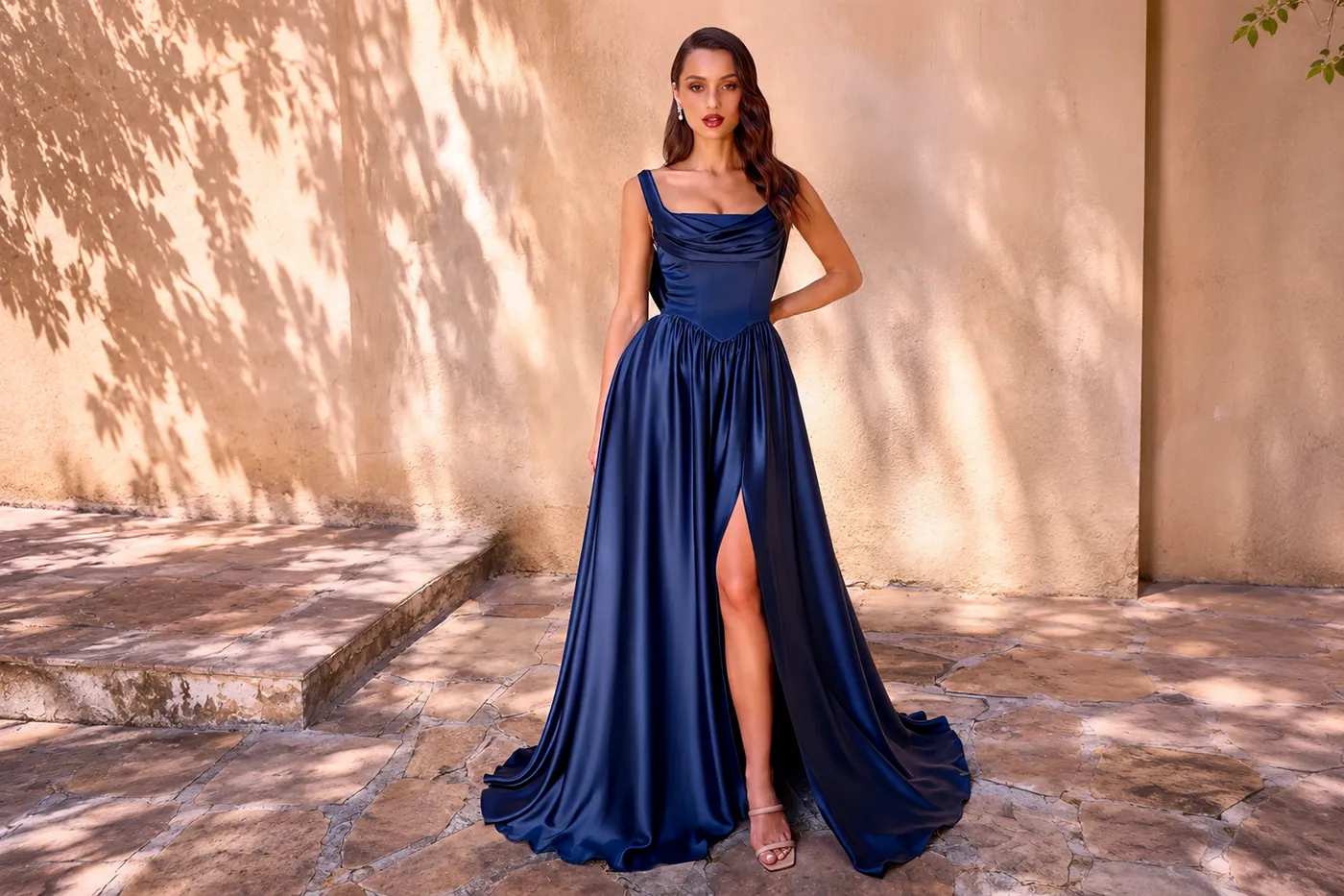 Navyblaues Abendkleid aus Satin mit elegantem Wasserfallausschnitt, A Linien Rock, Beinschlitz und fliessender Schleppe.