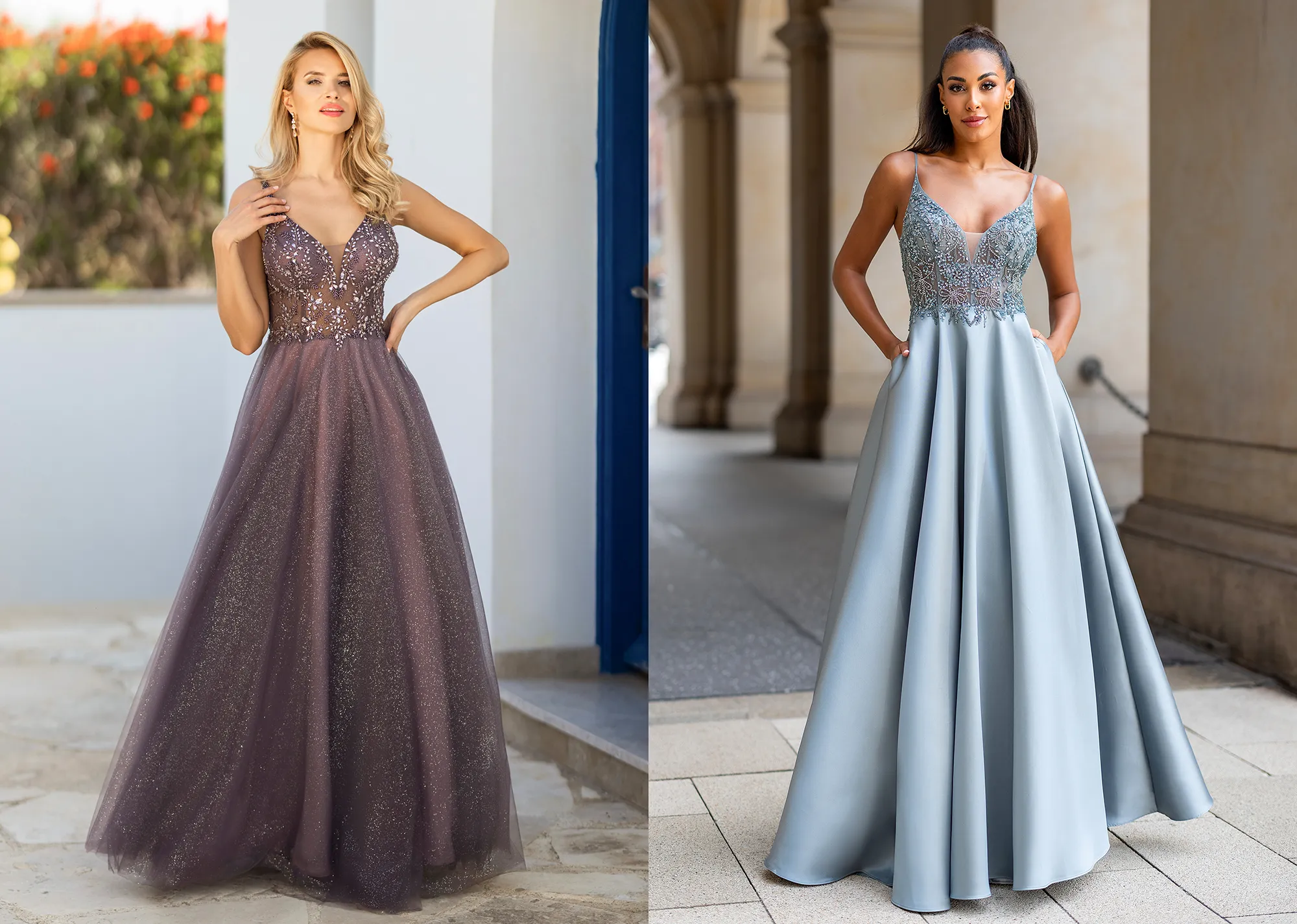 Zwei Frauen in Ballkleider von Christian Koehlert zu kaufen bei Samyra-Fashion Zürich