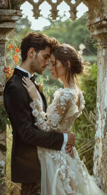 Brautpaar in romantischem Moment vor historischer Steinmauer – Braut in transparentem Spitzen-Brautkleid mit langen Ärmeln und floralem Haarschmuck, Bräutigam im schwarzen Smoking