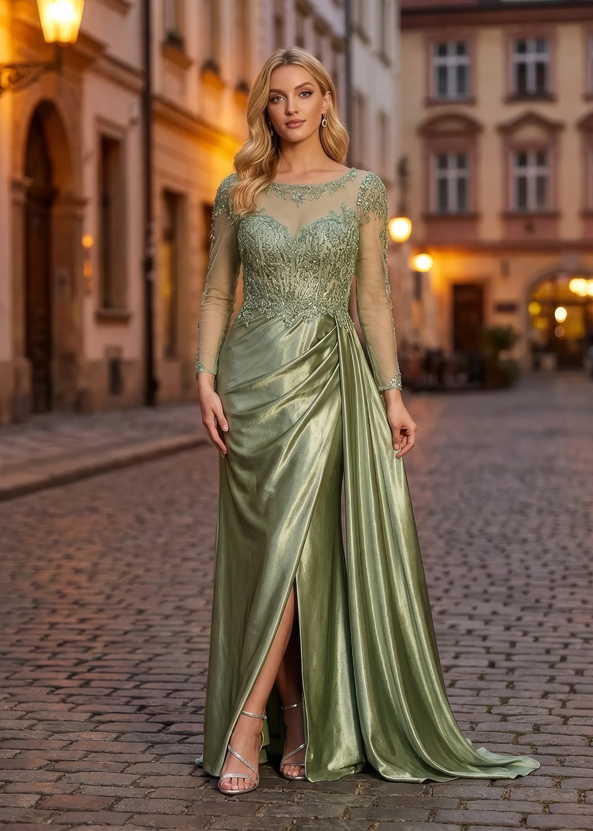 Elegantes grünes Abendkleid mit besticktem Mieder, langen Tüllärmeln, leicht glänzendem Satinrock und Beinschlitz, ideal für Brautmütter und festliche Anlässe.