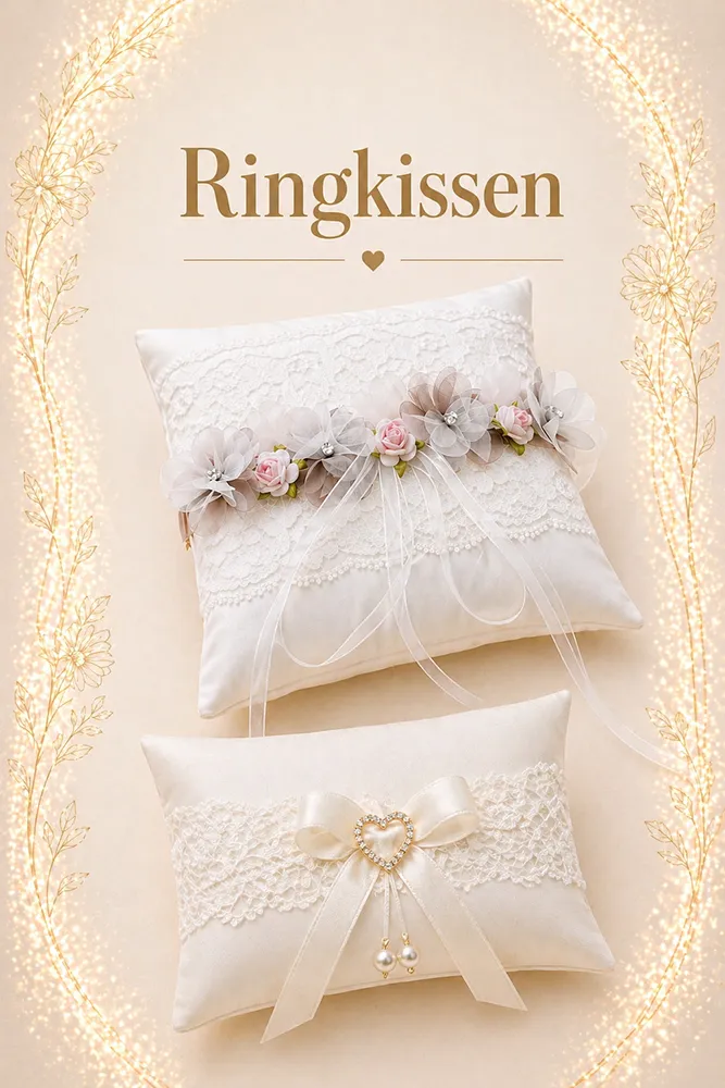 Elegantes Ringkissen mit Spitze, Schleifen und Blumen in Weiss und Rosé – Braut Accessoires für Hochzeiten in Zürich