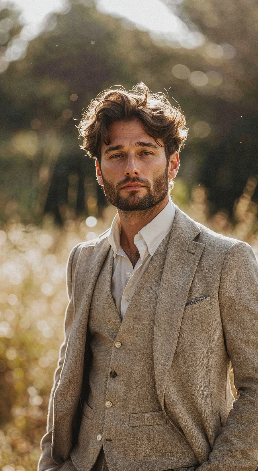 Mann in beigem dreiteiligem Leinenanzug mit offenem weissem Hemd und Einstecktuch in goldenem Sonnenlicht – legeres Smart Casual Herrenoutfit für Hochzeit Schweiz