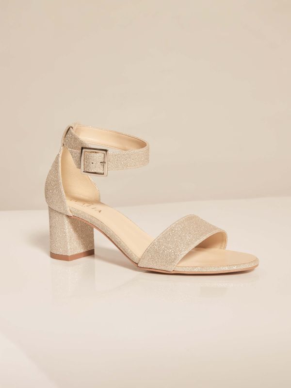 Goldener Abendschuh mit Glitzer-Oberfläche, Blockabsatz und Knöchelriemen – Abendschuhe bei Samyra Fashion Zürich