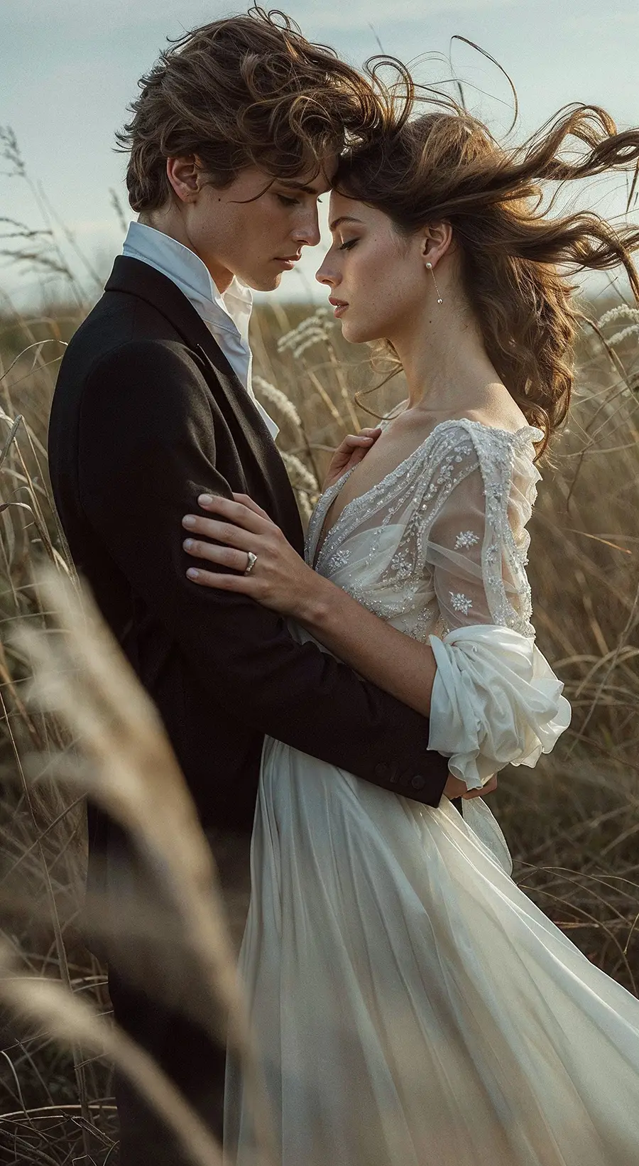 Brautpaar steht in Wildblumenwiese und Wind in den Haaren