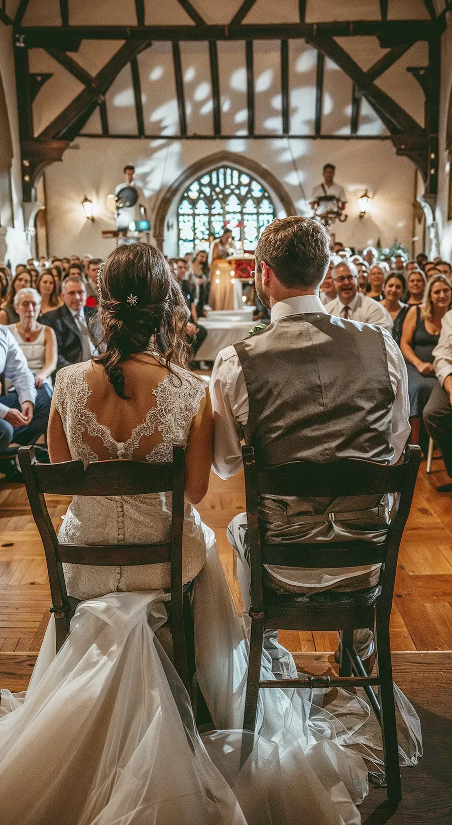 Brautpaar sitzt auf Stühlen während Hochzeitsspiel